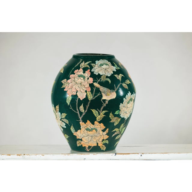 Green Ceramic Vase with Birds, Butterflies, and Floral Decoration For Sale - Image 9 of 12