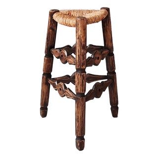 French Tripod Wood and Rush Stool, 1950s For Sale