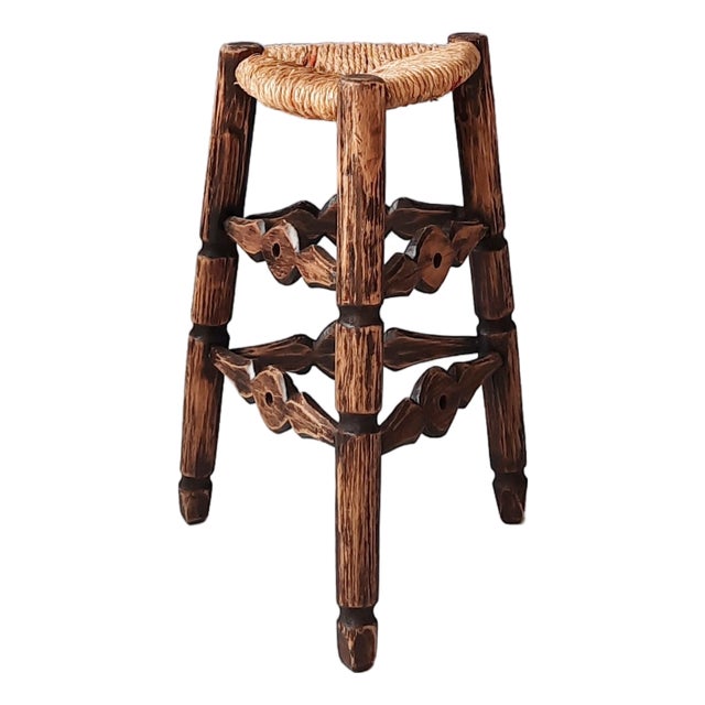 French Tripod Wood and Rush Stool, 1950s For Sale