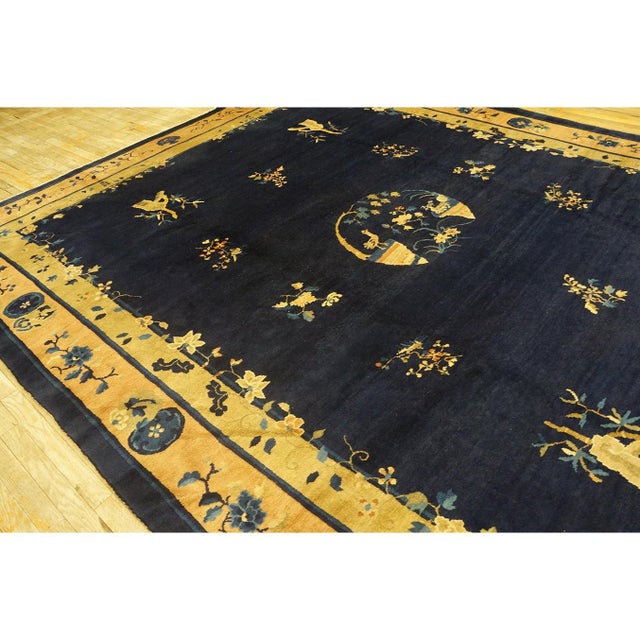 1920s 1920s Antique Chinese Floral Navy Deep Serene Landscape Deco Peking Knotted Rug For Sale - Image 5 of 10