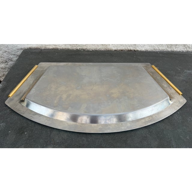 Postmodern Vintage Summit 18/10 Stainless Steel Asymmetrical Tray With Brass Handles Italy For Sale - Image 3 of 4