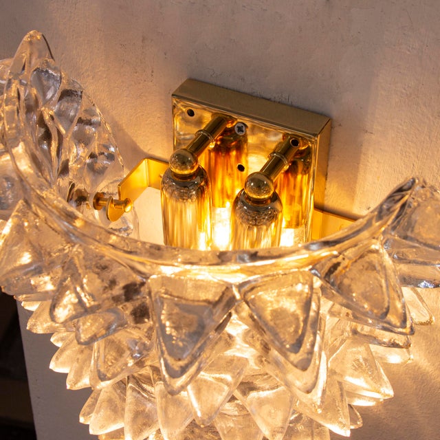 Metal Large Clear Murano Glass Wall Lamps with Spikes and Gold Finish Frames, 1990s, Set of 2 For Sale - Image 7 of 13