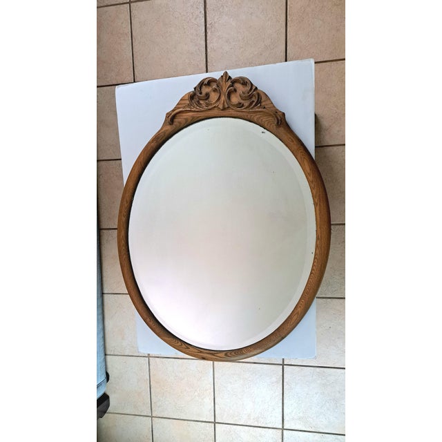 Early 20th Century Antique Oval Oak Beveled Wall Mirror – Late Victorian / Edwardian – Carved Crest For Sale - Image 5 of 11