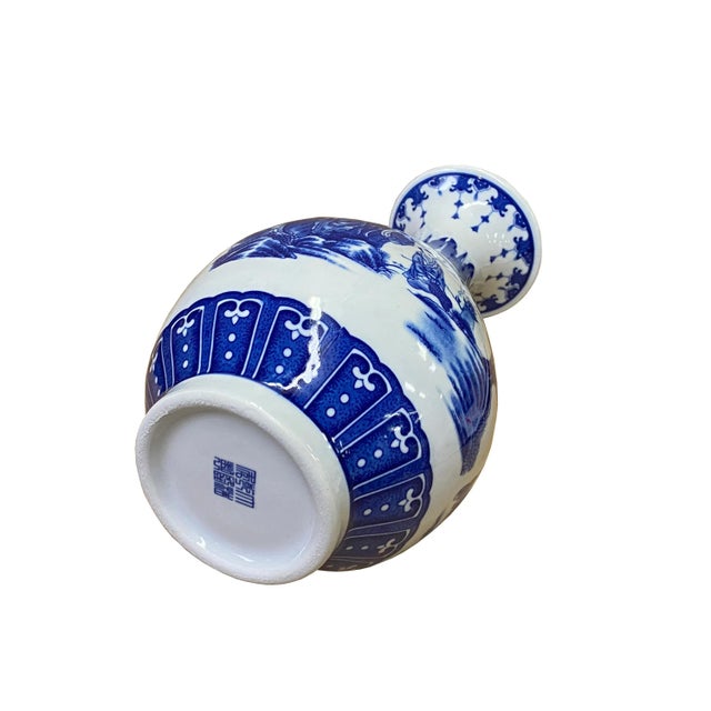 2010s Chinese Oriental Blue White Porcelain Graphic Scenery Vase For Sale - Image 5 of 6