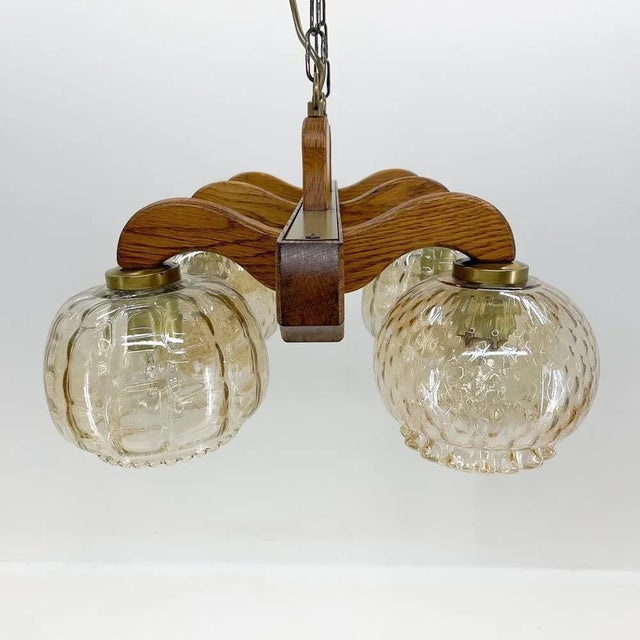 Wood & Glass Ceiling Lamp, Czechoslovakia, 1970s For Sale - Image 4 of 10