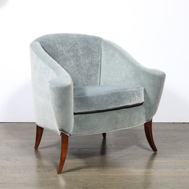 Art Deco Scroll Form Lounge Chair W/ Walnut Supports & Powder-Blue Velvet Mohair For Sale - Image 13 of 13
