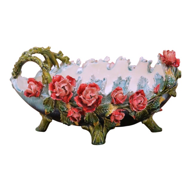 19th Century French Painted Ceramic Barbotine Floral Jardinière Planter For Sale