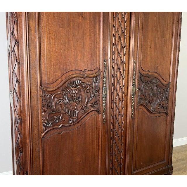 Vintage French Louis XVI Style Carved Walnut 2-Door Wardrobe For Sale - Image 10 of 18