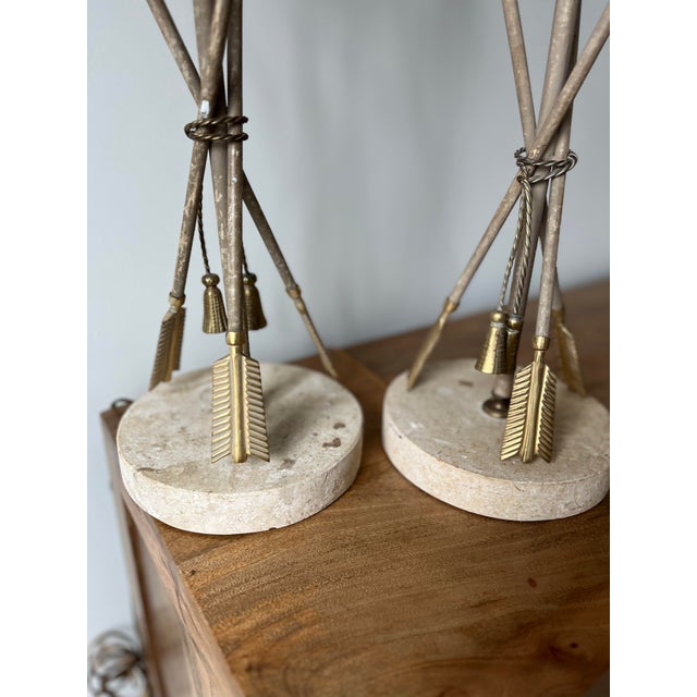 Mid 20th Century French Arrow & Tassel Lamps on Travertine Bases With Original Fabric Shades-a Pair For Sale - Image 12 of 12