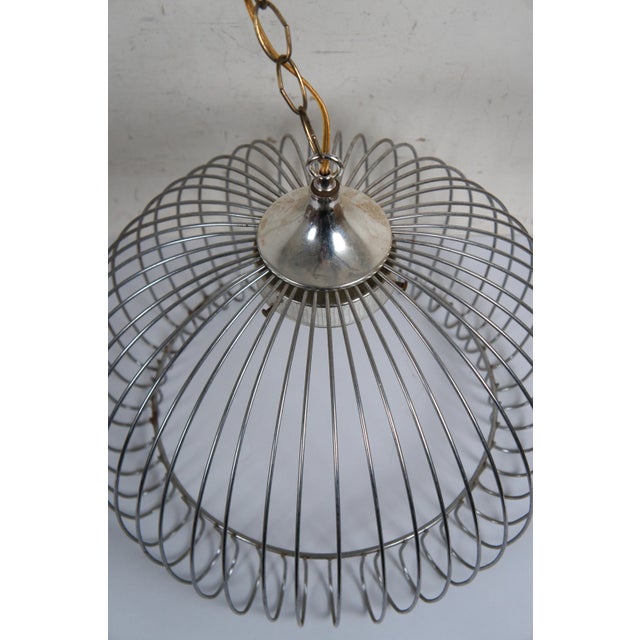 Mid 20th century chrome bird cage style swag / pendant light. Like New! Round cage form with curled in lower edge. Missing...
