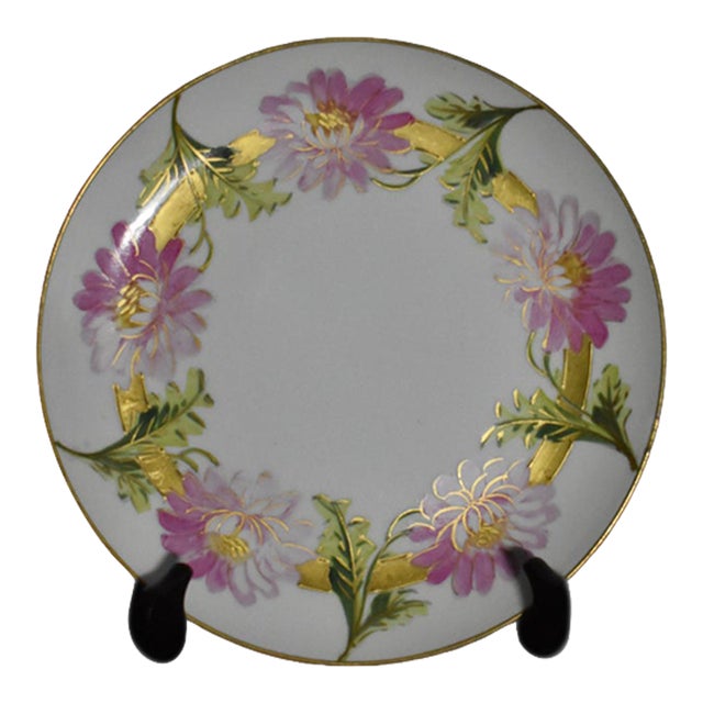 Antique Limoges Porcelain Cabinet Plate Pink Chrysanthemum Wreath For Sale