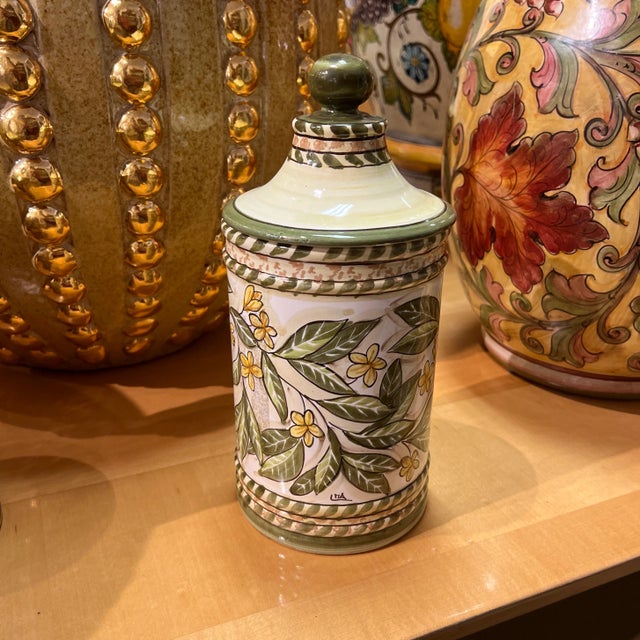 Italian Hand Painted Ceramic Canister With Lid in Ivory, Green, and Yellow For Sale - Image 4 of 11