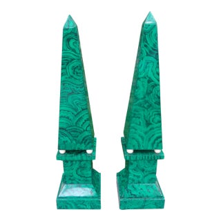 Pair of Large Carved Wood Faux Malachite Obelisks For Sale