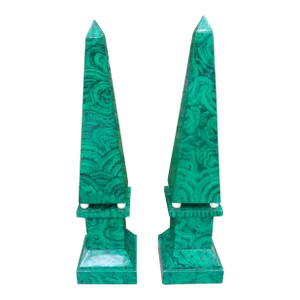 Pair of Large Carved Wood Faux Malachite Obelisks