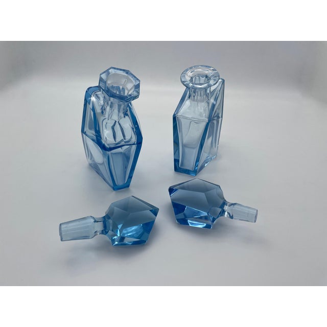 Late 20th Century Pair of Sculptural Light Blue Art Glass Decanters With Faceted Stoppers, Mid-Century Modern For Sale - Image 9 of 15