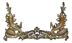 Antique French Louis XV Patinated Brass Bronze Small Fireplace Andirons & Fender