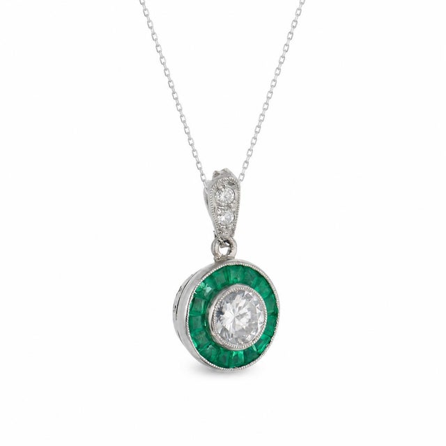 Contemporary Art Deco Style Diamond Emerald Platinum Target Pendant Necklace For Sale - Image 3 of 6