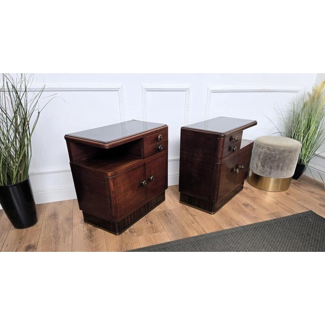 Art Deco Italian Nightstands in Wood and Black Glass Top, 1940s, Set of 2 For Sale - Image 10 of 11