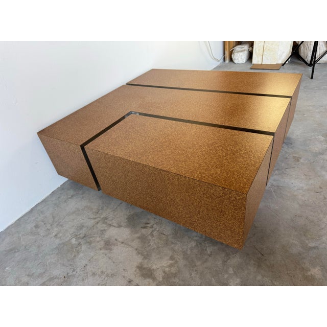 1980s Postmodern Laminated Tortoiseshell & Brushed Steel Plinth Base Coffee Table on Wheels For Sale - Image 11 of 12