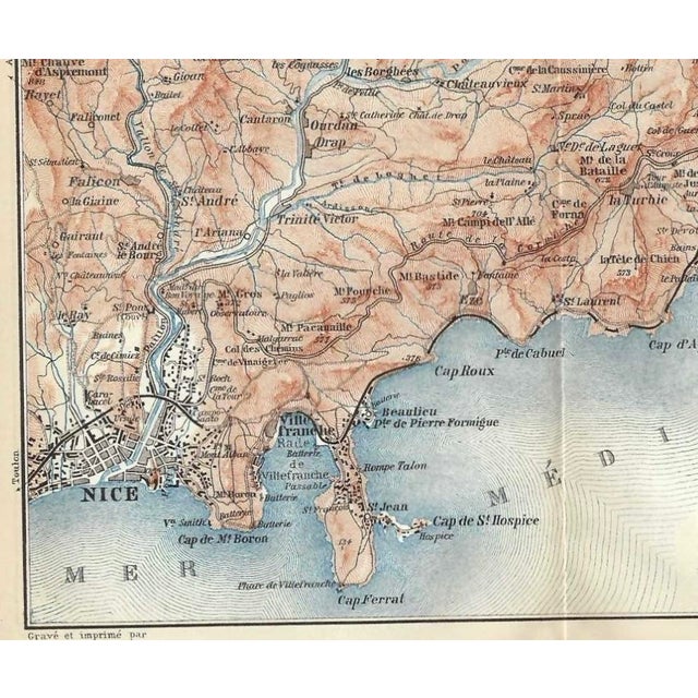 Circa 1900 map of the port city of Nice, France from a French travel atlas. Combined shipping available, please inquire.