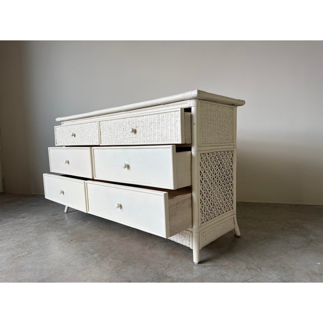 Vintage White Painted Six Drawer Rattan Dresser | Chairish