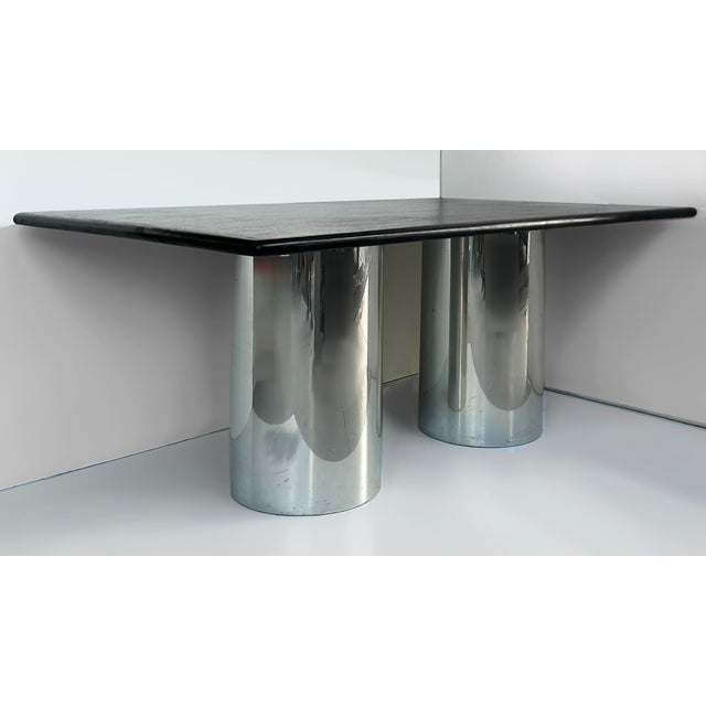 Brueton "DT DRUM" Double Pedestal Dining Table, Ebonized Wood Top Offered for sale in a Brueton "DT Drum" steel and...