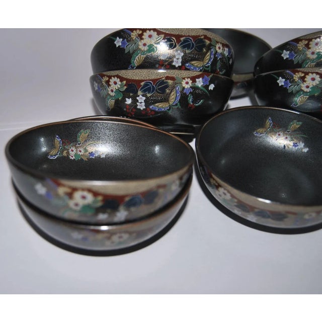 Black Authentic Black Satsuma Condiment Bowls With Wood Cabinet Display - 10 Piece Set For Sale - Image 8 of 11