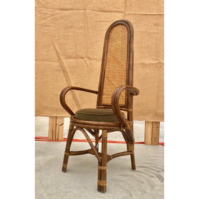 Brown 1960s Rattan + Cane Dining Chairs + Dark Moss Green Down Seat Cushions, Set of 8 For Sale - Image 8 of 12