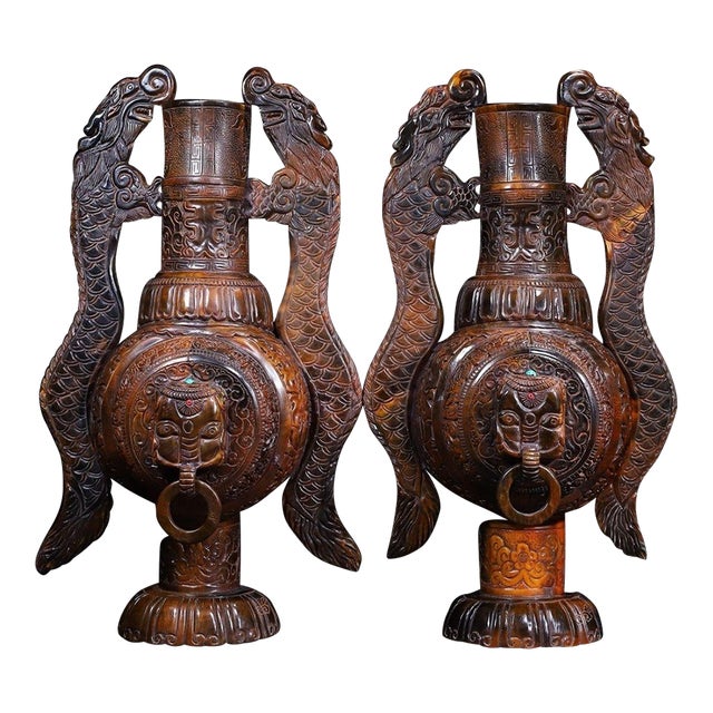 1950s Monumental Pair of Carved Horn Vases - Chinese Double Dragon Handled Bottles, 12kg For Sale