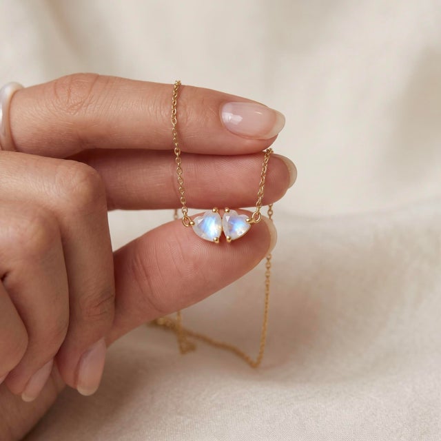 Contemporary Rainbow Moonstone Heart Necklace | Dainty Gemstone Neckalce | June Birthstone Jewelry For Sale - Image 3 of 3