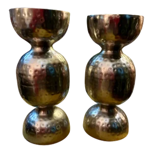 Large Pair of Vintage Farmhouse Hammered Metal Candle Holders