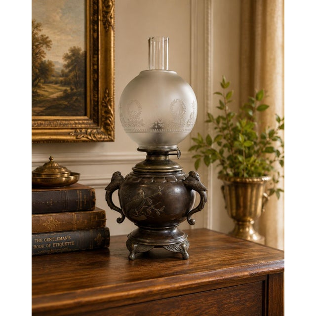 Antique Patinated Bronze Oil Lamp Kerosene Meiji Style Etched Glass Globe Eagle For Sale - Image 12 of 12