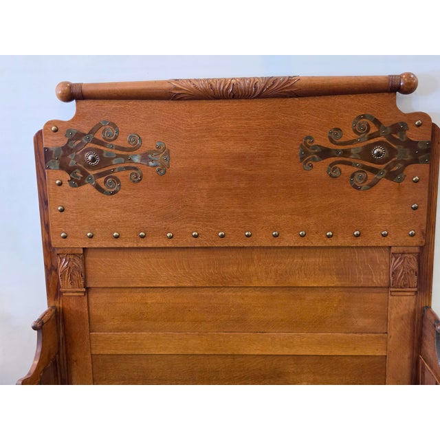 Antique 1880s Victorian Arts & Crafts Queen Golden Oak Hand Carved Original Art Nouveau Metalwork For Sale - Image 10 of 17