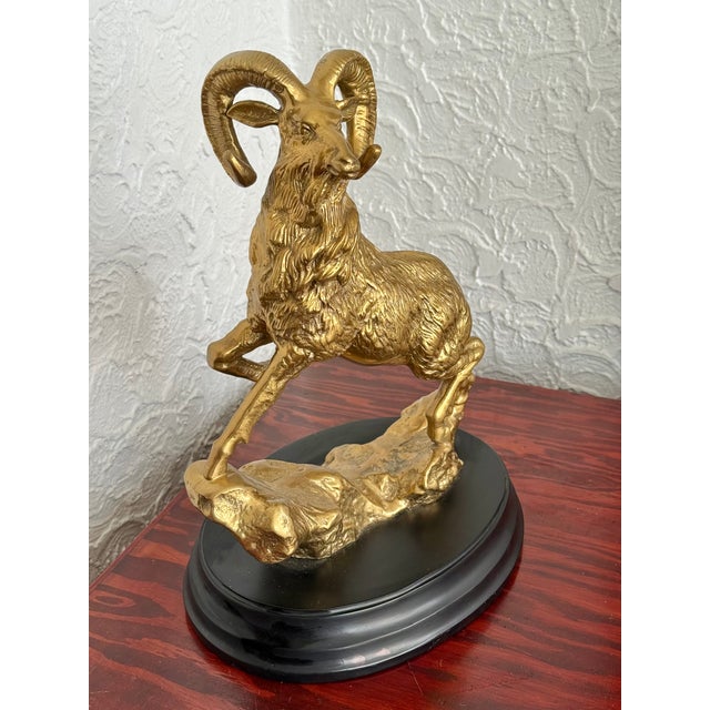 Mid-Century Modern Late 20th Century Solid Brass Ram Statue on Wood Base For Sale - Image 3 of 8