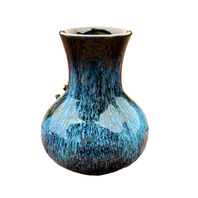 Shabby Chic Vintage Blue Drip & Floral Chinese Pottery Vase For Sale - Image 3 of 12
