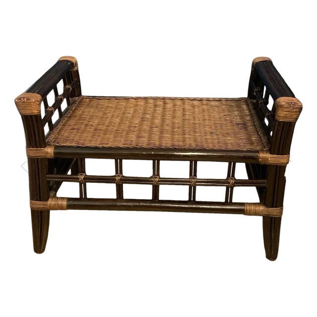 Vintage Rattan and Wicker Ottoman With Cushion For Sale