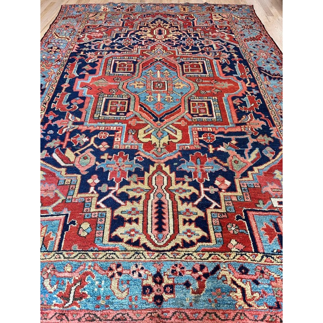 Antique Persian Heriz Carpet Handmade Wool Oriental Rug, Navy, Light Blue, Gold For Sale - Image 4 of 12