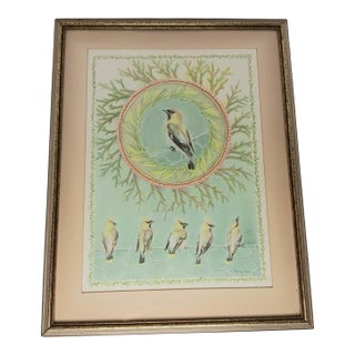 Cedar Waxing Birds Giclee Print Tamlyn Akins Soft Pastel Colors Mat Framed 13x17 For Sale