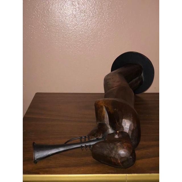 Brown Mid-Century Modern Hand-Carved Wood & Metal Jazz Trumpeter Sculpture – 16.5" For Sale - Image 8 of 8