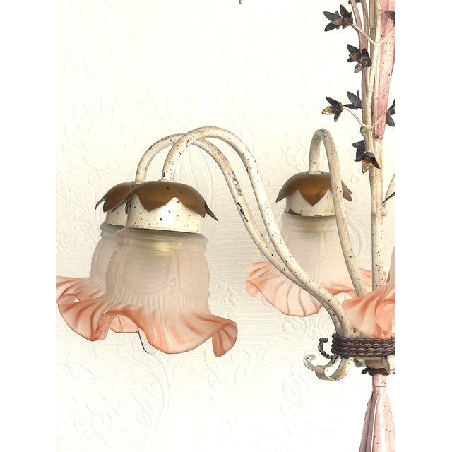 1970s Vintage Italian White and Gold Patinated Metal and Glass Chandelier, 1970s For Sale - Image 5 of 15