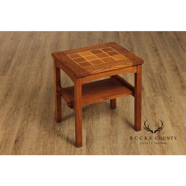 Stickley Mission Collection Pair Of Oak Tile Top End Tables For Sale - Image 11 of 18