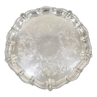 Vintage English Victorian Silver Plated Round Scalloped Serving Platter Tray For Sale