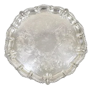 Vintage English Victorian Silver Plated Round Scalloped Serving Platter Tray