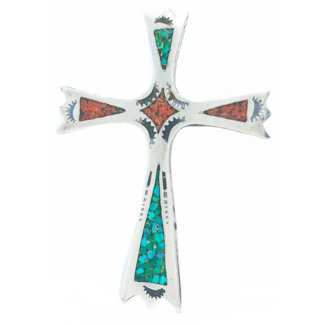 Vintage Southwestern Silver, Turquoise, and Coral Pendant Cross for a Necklace For Sale - Image 4 of 12