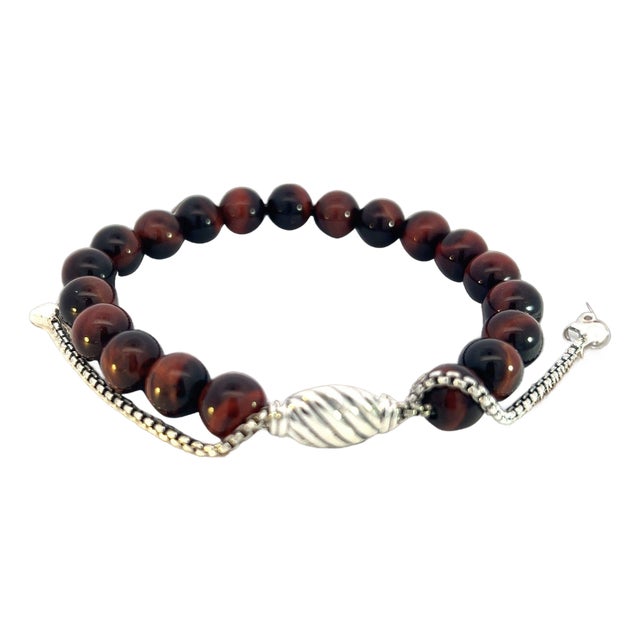 1990s David Yurman Tiger Eye Spiritual Beads Bracelet 6.6 - 8.5" Silver 8 Mm Estate For Sale