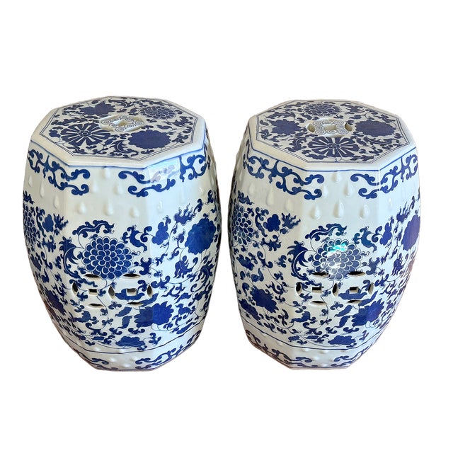 Chinoiserie Blue & White Peony Hexagon Garden Stools - A Pair For Sale - Image 12 of 12