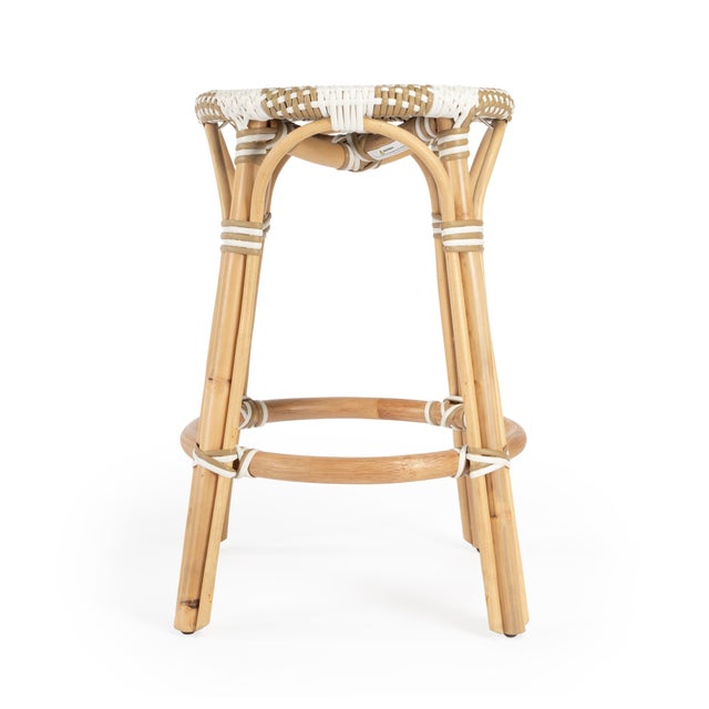 Spritely Home Accent Furniture Tobias 24 in. Seat Height Round Rattan Backless Counter Stool, Tan/White Stripe/ Natural Rattan Frame For Sale - Image 4 of 8