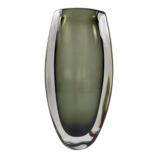 Large Mid 20th Century Nils Landberg Smoky Grey-Green Sommerso Vase for Orrefors, Signed & Numbered For Sale