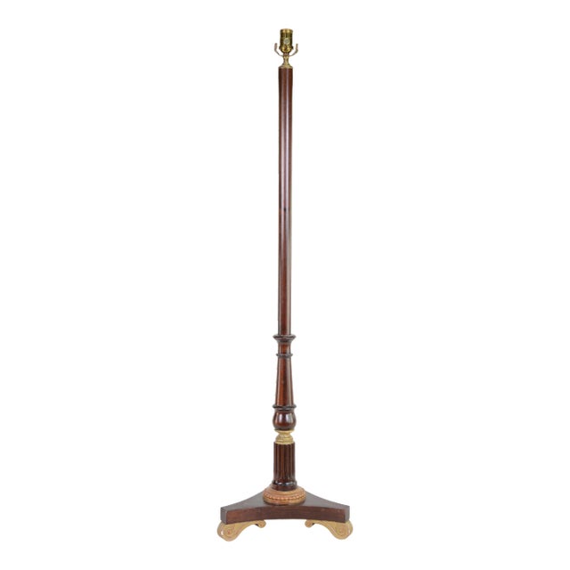 Vintage Darker Wood Stain Floor Lamp With Gold Color Scroll Tripod Feet For Sale