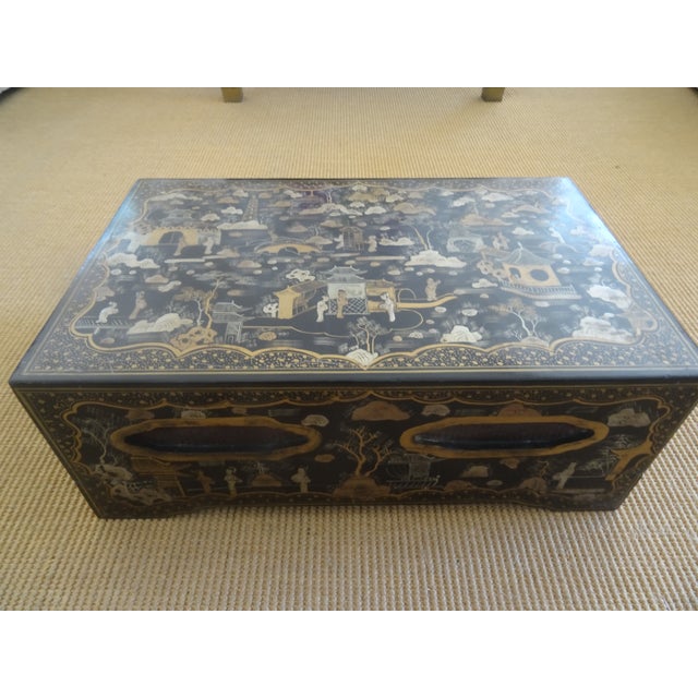 A chic large covered box from the late 1950s with Shanshui Style Landscapes in teh style of Qing Dynasty.
